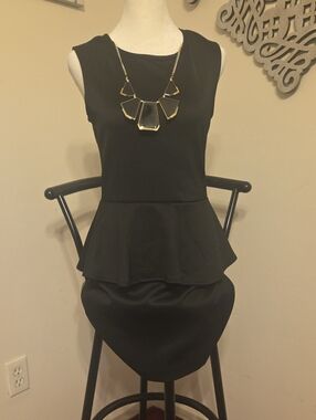 Classic Black Peplum Dress with Necklace